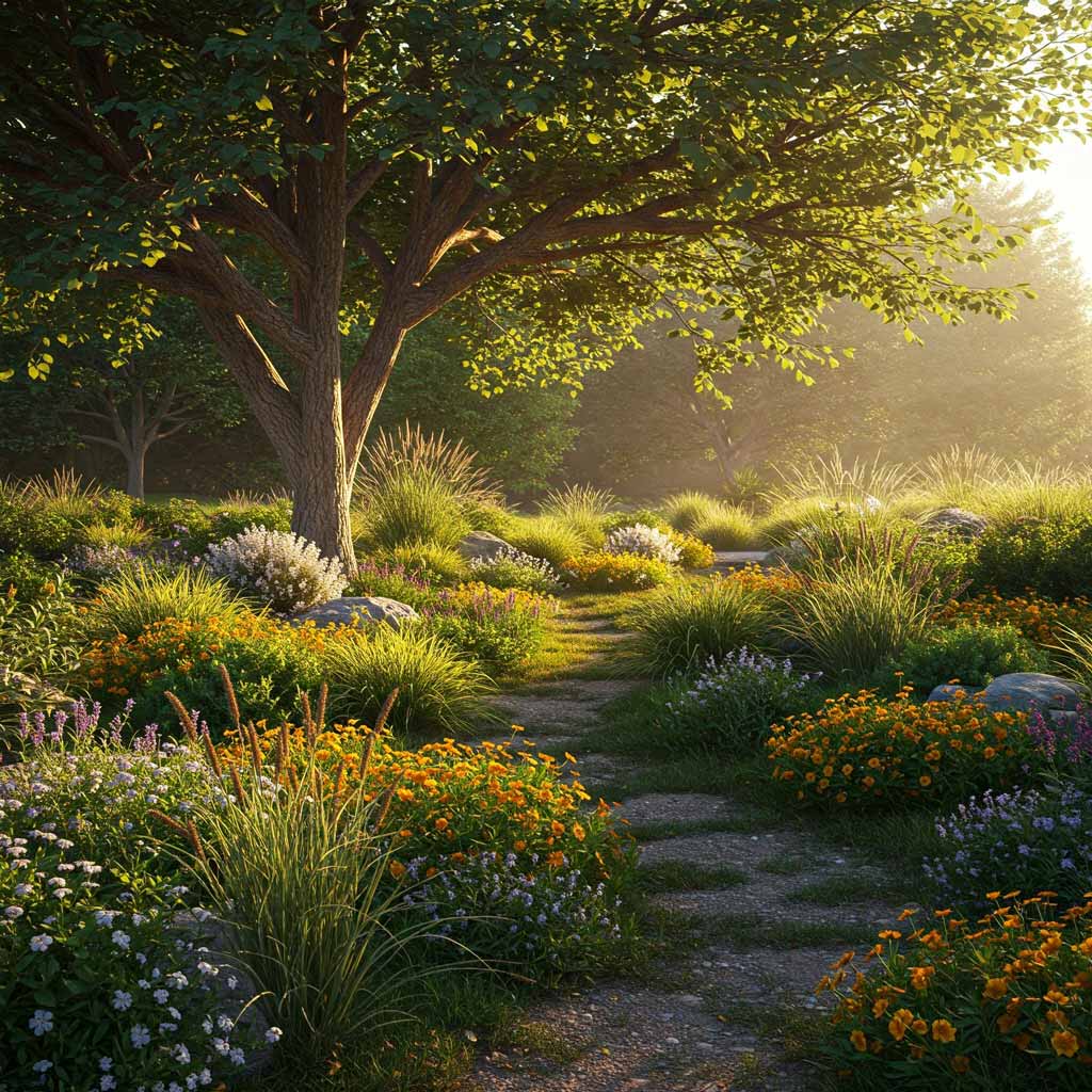 Landscaping design with shade trees and native plants in Placer County