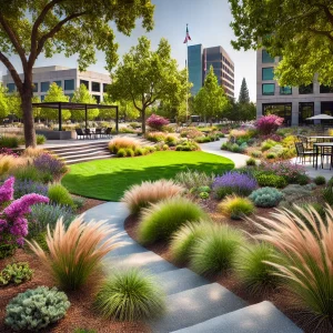 Sacramento drought-resistant landscape with Abelia and Muhly Grass, vibrant greenery.