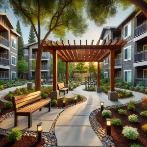 Communal space with benches, pergola, and LED lighting in a Sacramento multifamily property.