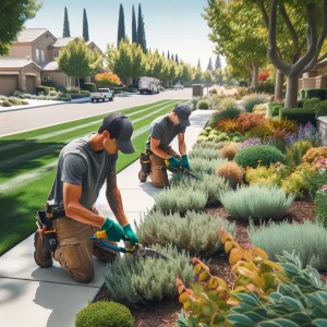 Landscapers pruning and maintaining a Sacramento commercial property.