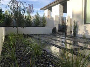 Charming paver walkway surrounded by greenery designed by Aaronson Landscape