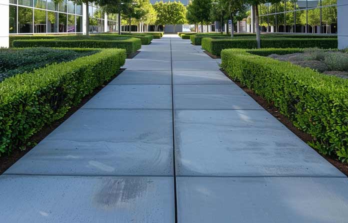 Concrete paver walkway by Aronson Landscape leading to a commercial office building in Rocklin, California, surrounded by trimmed green hedges.