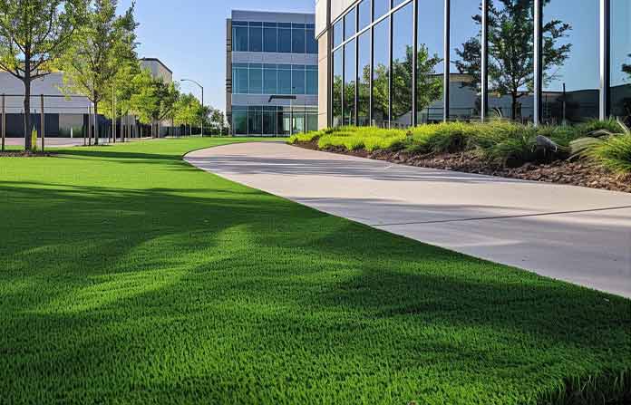 Artificial turf installation by Aronson Landscape for a commercial property in Sacramento County with manicured grass and concrete pathways