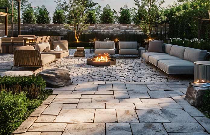 Outdoor patio with hardscape features, textured stone flooring, a firepit, and landscaped greenery designed by Aronson Landscape in Sacramento County