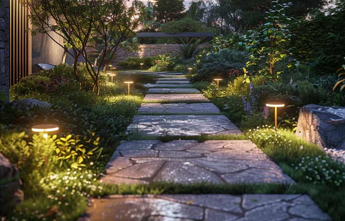 Landscape illuminated with low-voltage LED lighting by Aronson Landscape, highlighting a garden and stone walkway during the evening in Placer County