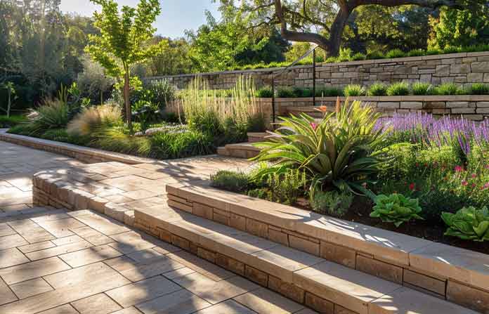 Custom landscape design by Aronson Landscape featuring drought-tolerant plants, a stone retaining wall, and ambient lighting in Placer County.