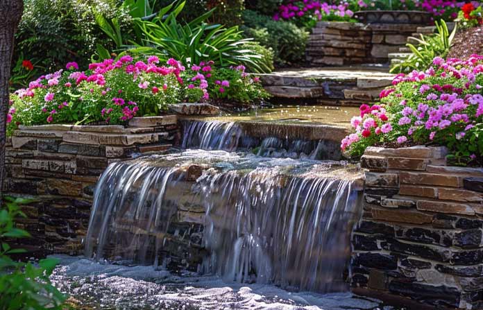 Water feature designed by Aronson Landscape with cascading water from a stone fountain surrounded by shrubs, flowers, and decorative stonework in Sacramento County