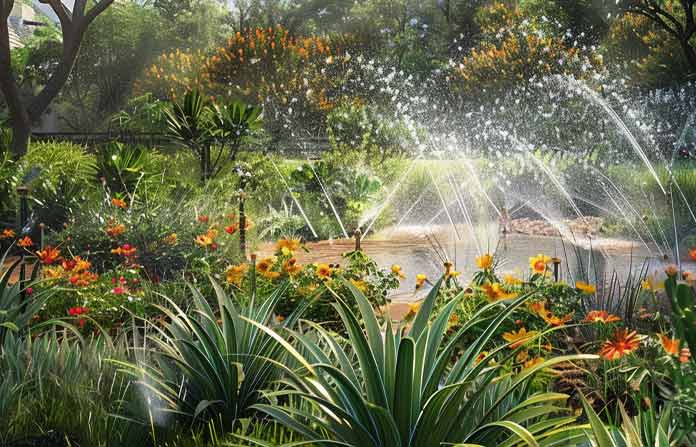 Garden with a water-saving irrigation system by Aronson Landscape featuring micro-drip lines and sprinklers, surrounded by drought-tolerant landscaping in Placer County