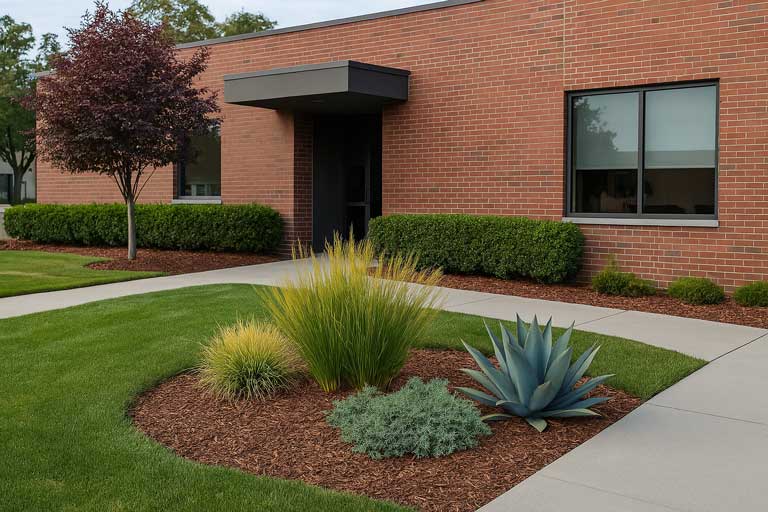 Commercial landscaping in Placer County – office exterior with flower beds, walkways, and lighting