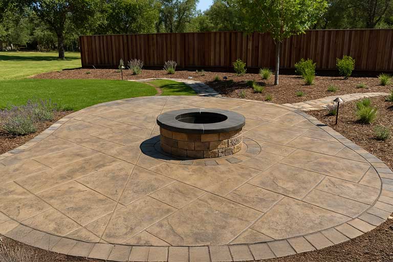 aronson landscape Hardscape services in Placer County – stamped concrete patio with fire pit and stone walkway