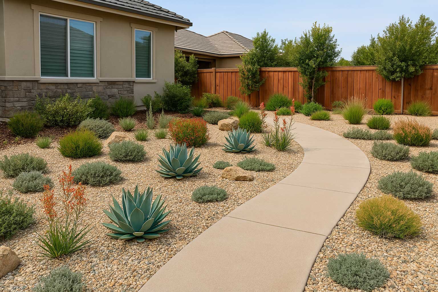 Residential landscaping in Placer County – backyard with drought-tolerant plants and curved walkway 