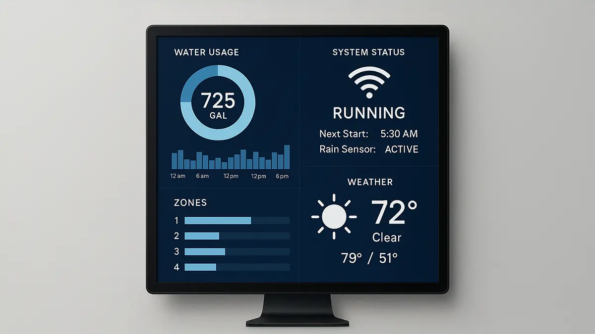 Smart technology dashboard showing real-time water usage and system status