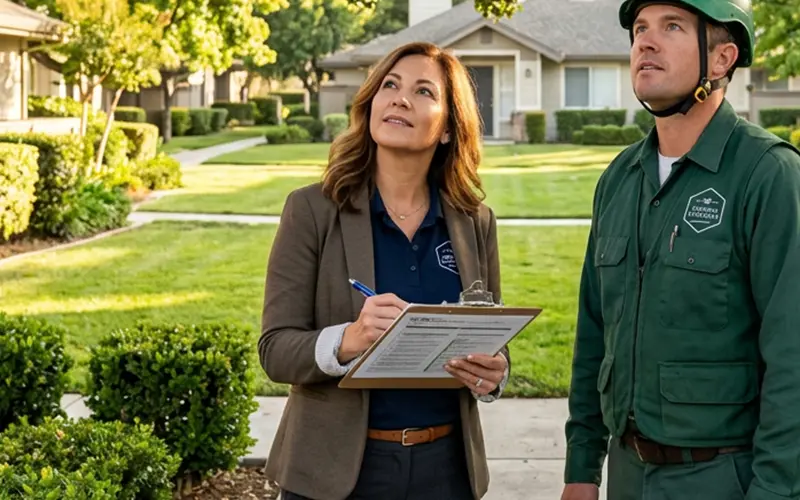 Property manager and arborist reviewing tree health program at a multifamily apartment community in Sacramento County