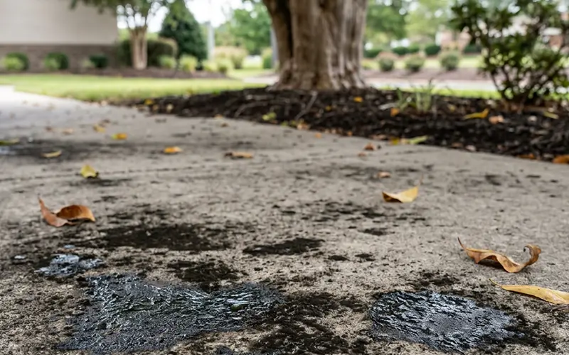 Sticky honeydew residue coating a walkway beneath an aphid-infested tree at a multifamily apartment community