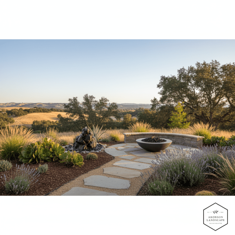 Flagstone path, fire pit, fountain, and drought-tolerant plants, showing low maintenance backyard ideas Placer County.
