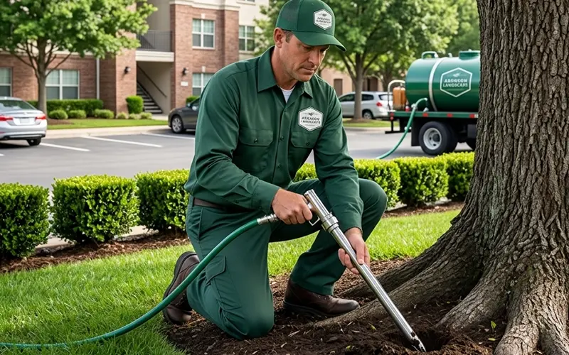 Licensed arborist performing systemic root injection at the base of a mature shade tree on a commercial property in Placer County