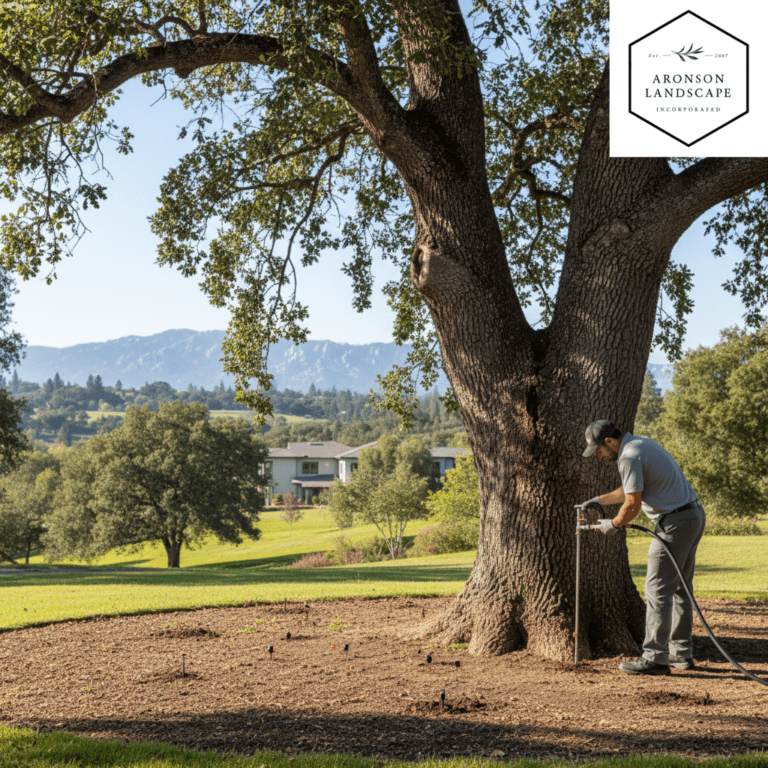Man performing Systemic Root Injection for trees, Placer county property, mountains, Rocklin, Loomis, Auburn.