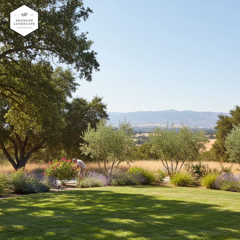 Man tending rose bush in a sunny Placer County landscape with olive trees, grass, and distant hills.