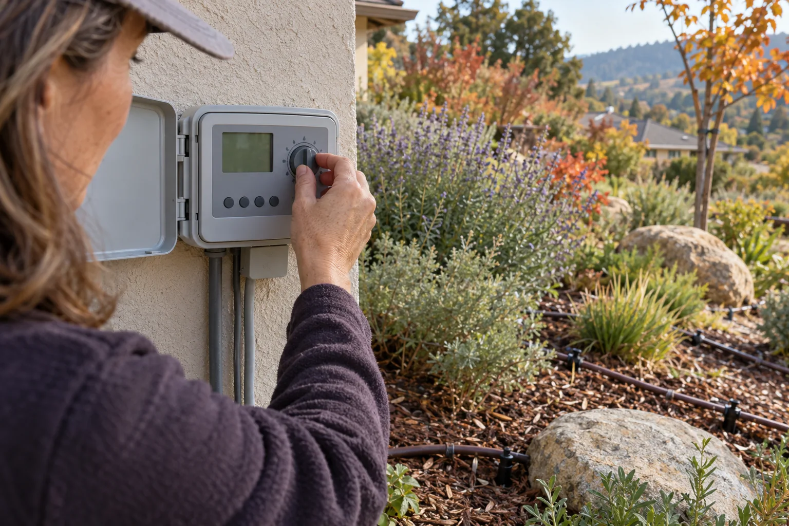 Homeowner adjusting a landscape irrigation controller beside drought-tolerant shrubs in fall