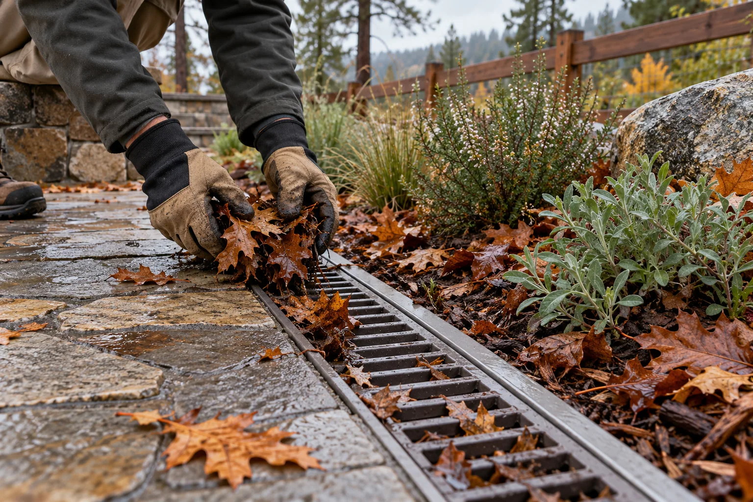 Sustainable landscaping maintenance: gloved hands clearing leaves from a patio channel drain