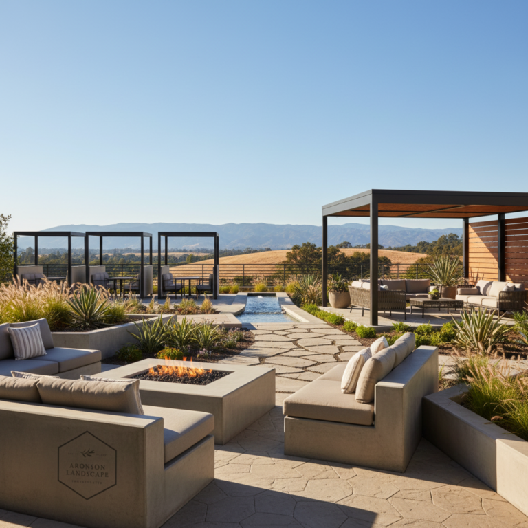 Modern commercial property outdoor living trends Placer County: chic patio, fire pit, water feature, pergolas, scenic hills.