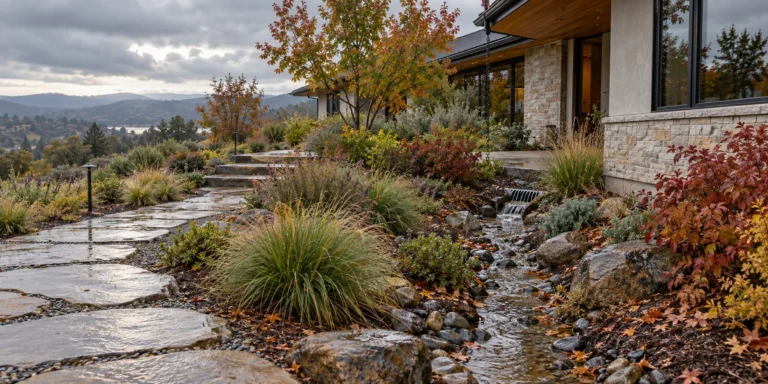 Sustainable landscaping in Placer County with planted drainage swale beside a wet stone path
