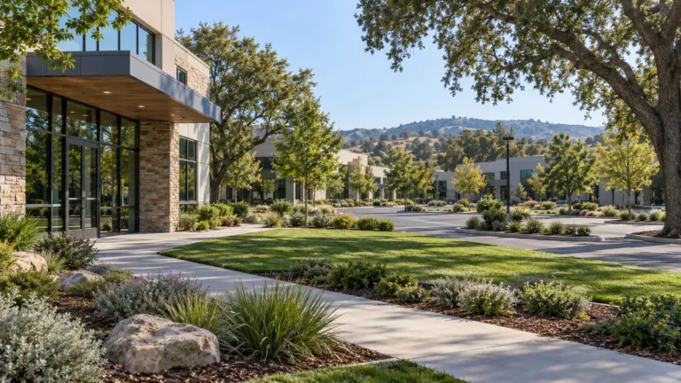 Commercial landscape maintenance contract work at a Placer County office park with manicured drought-tolerant landscaping