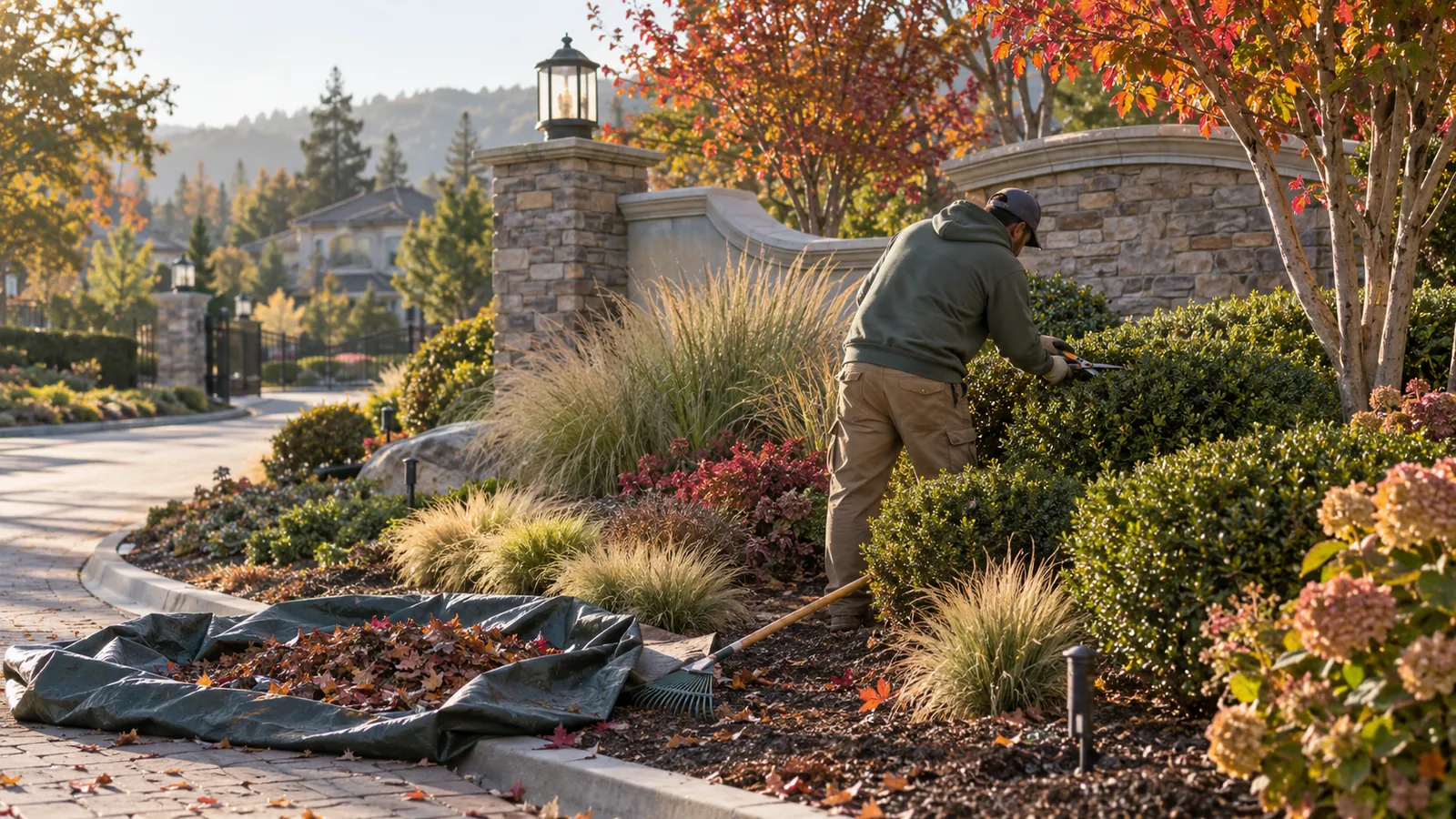 Crew pruning shrubs and clearing leaves at an HOA entrance as part of seasonal commercial landscape maintenance