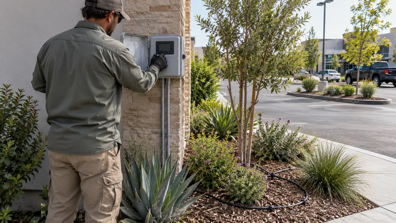 Technician checking a smart irrigation controller during commercial landscape maintenance at a Placer County property